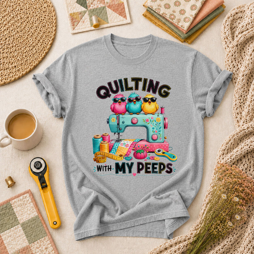 Quilting With My Peeps Birds Sewing Machine T-Shirt - Athletic Heather