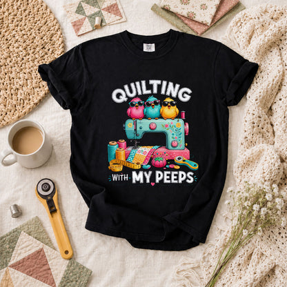 Quilting With My Peeps Birds Sewing Machine T-Shirt - Black