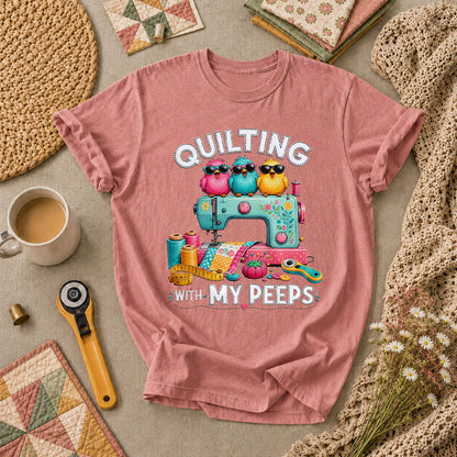 Quilting With My Peeps Birds Sewing Machine T-Shirt - Heather Mauve