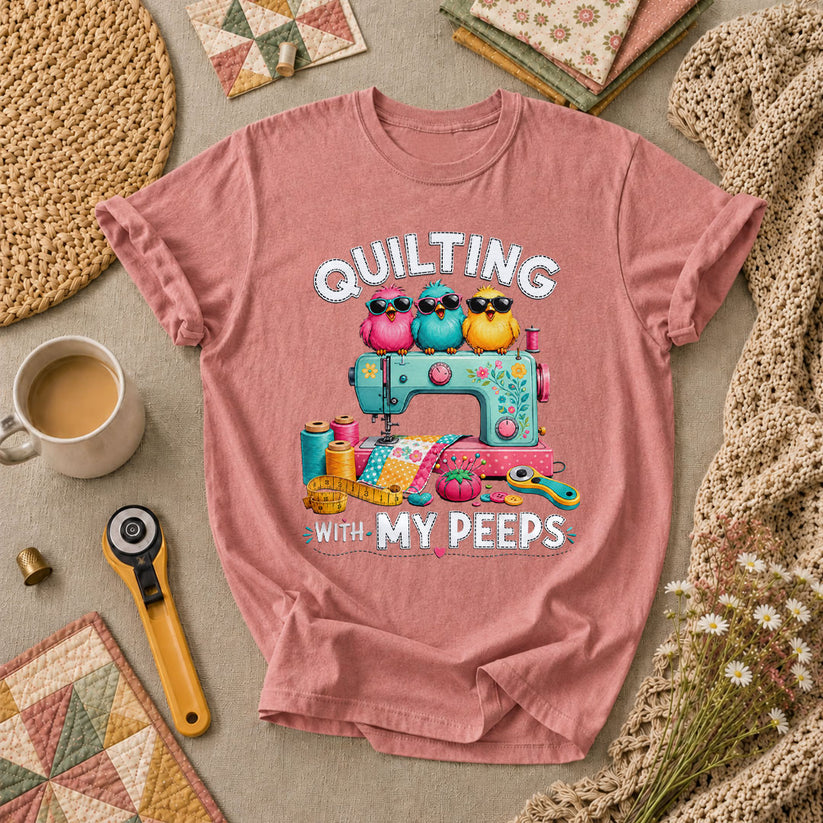 Quilting With My Peeps Birds Sewing Machine T-Shirt - Heather Mauve