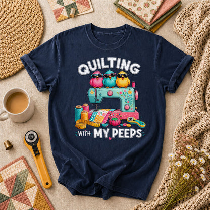 Quilting With My Peeps Birds Sewing Machine T-Shirt - Navy