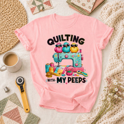 Quilting With My Peeps Birds Sewing Machine T-Shirt - Pink
