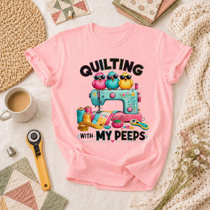 Quilting With My Peeps Birds Sewing Machine T-Shirt - Pink