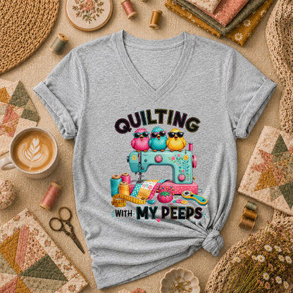 Quilting With My Peeps Birds Sewing Machine Women's V-Neck - Athletic Heather