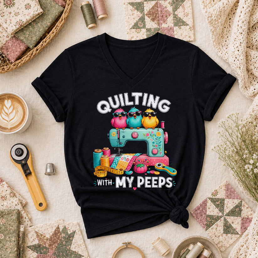 Quilting With My Peeps Birds Sewing Machine Women's V-Neck - Black
