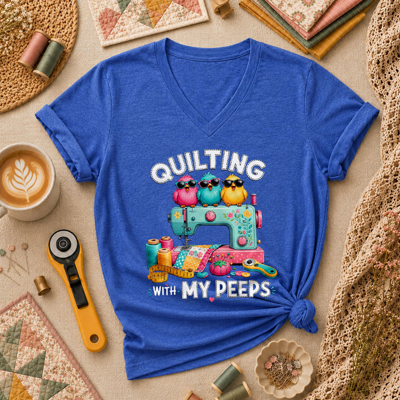 Quilting With My Peeps Birds Sewing Machine Women's V-Neck - Heather True Royal