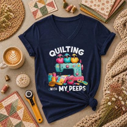 Quilting With My Peeps Birds Sewing Machine Women's V-Neck - Navy