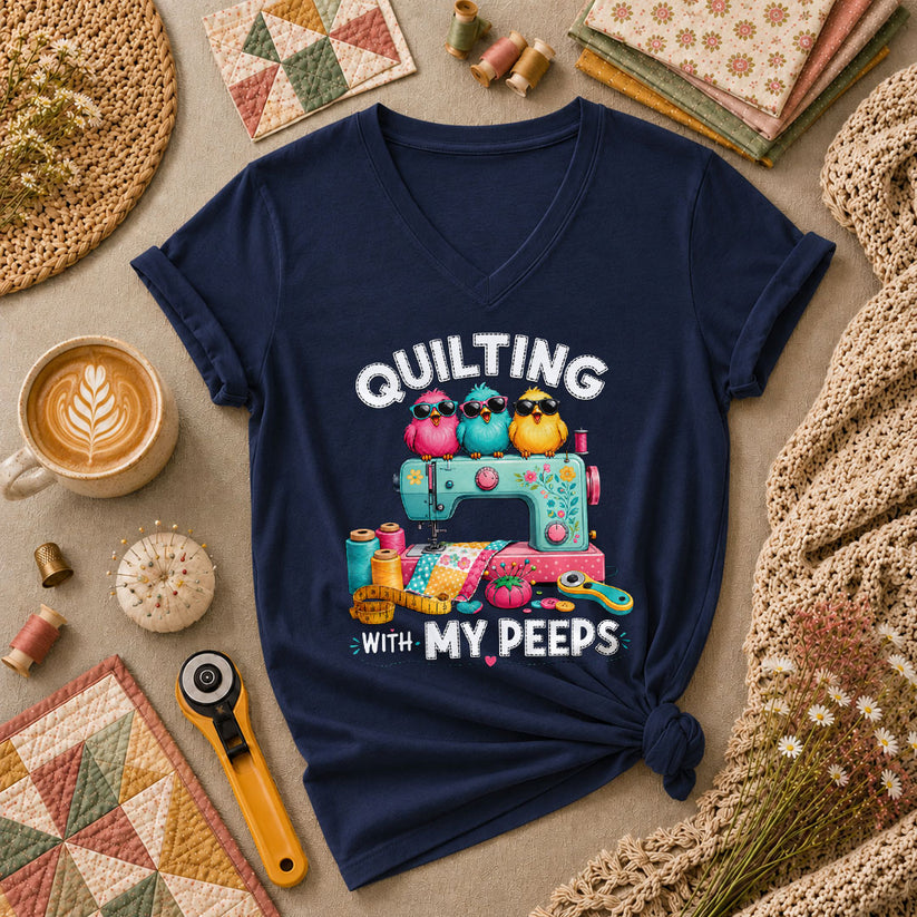 Quilting With My Peeps Birds Sewing Machine Women's V-Neck - Navy