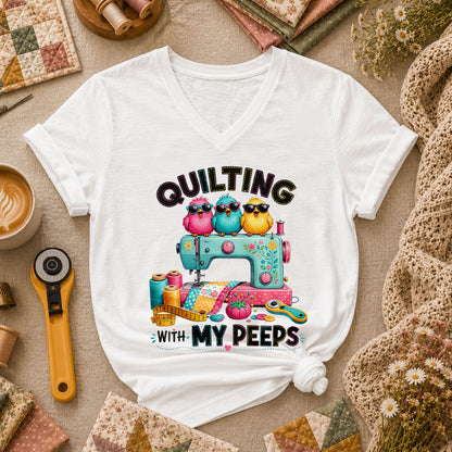 Quilting With My Peeps Birds Sewing Machine Women's V-Neck - White