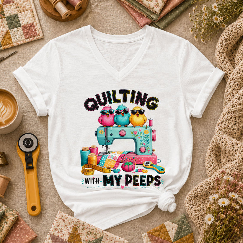 Quilting With My Peeps Birds Sewing Machine Women's V-Neck - White