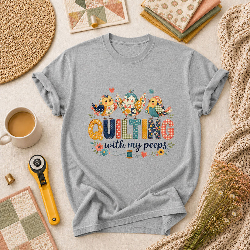 Quilting With My Peeps Patchwork Birds T-Shirt - Athletic Heather