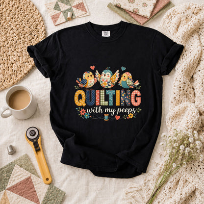 Quilting With My Peeps Patchwork Birds T-Shirt - Black