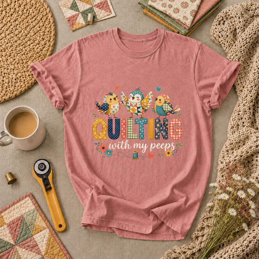 Quilting With My Peeps Patchwork Birds T-Shirt - Heather Mauve
