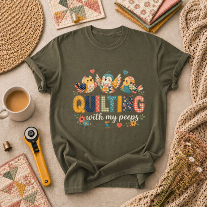 Quilting With My Peeps Patchwork Birds T-Shirt - Military Green