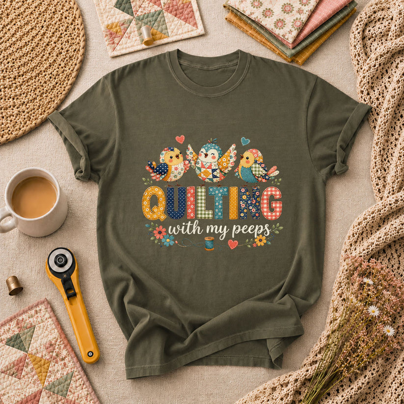 Quilting With My Peeps Patchwork Birds T-Shirt - Military Green