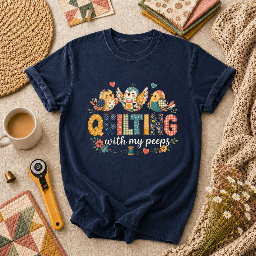 Quilting With My Peeps Patchwork Birds T-Shirt - Navy