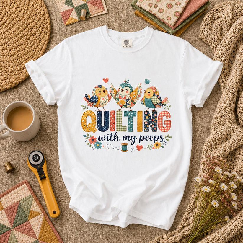 Quilting With My Peeps Patchwork Birds T-Shirt - White