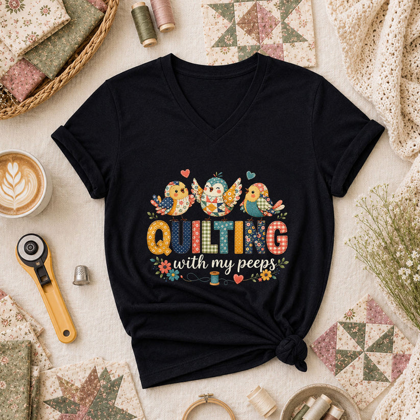 Quilting With My Peeps Patchwork Birds Women's V-Neck - Black