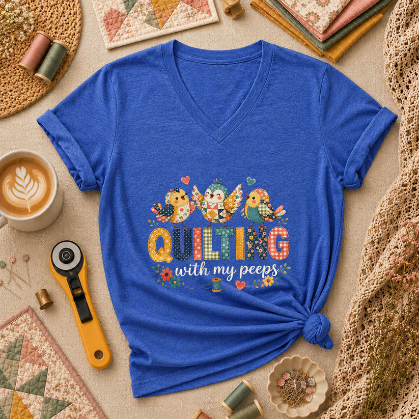 Quilting With My Peeps Patchwork Birds Women's V-Neck - Heather True Royal