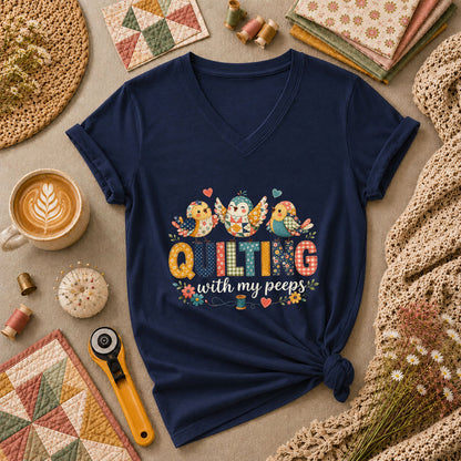 Quilting With My Peeps Patchwork Birds Women's V-Neck - Navy