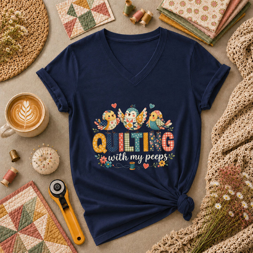 Quilting With My Peeps Patchwork Birds Women's V-Neck - Navy