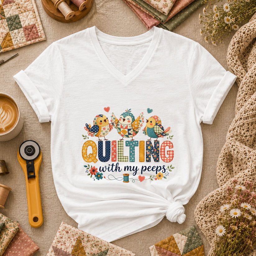 Quilting With My Peeps Patchwork Birds Women's V-Neck - White
