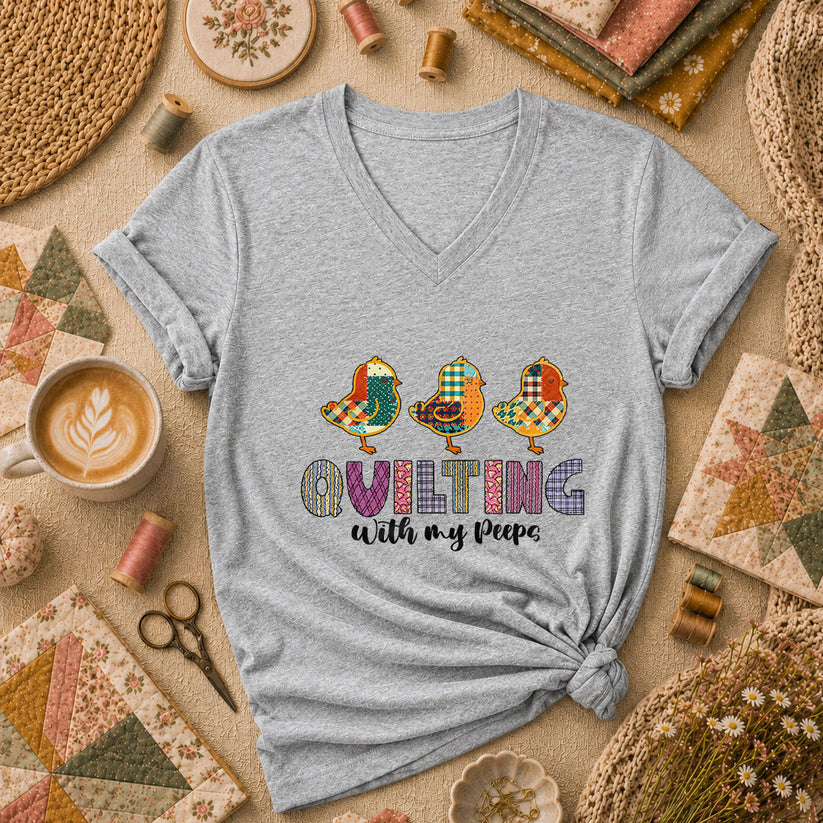 Quilting With My Peeps Quilter Friends Women's V-Neck - Athletic Heather