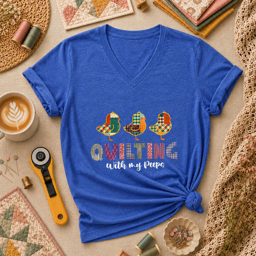 Quilting With My Peeps Quilter Friends Women's V-Neck - Heather True Royal