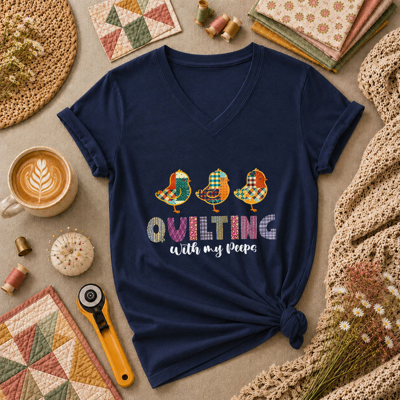 Quilting With My Peeps Quilter Friends Women's V-Neck - Navy