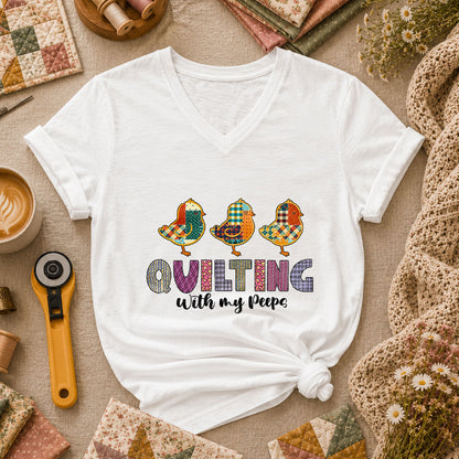 Quilting With My Peeps Quilter Friends Women's V-Neck - White
