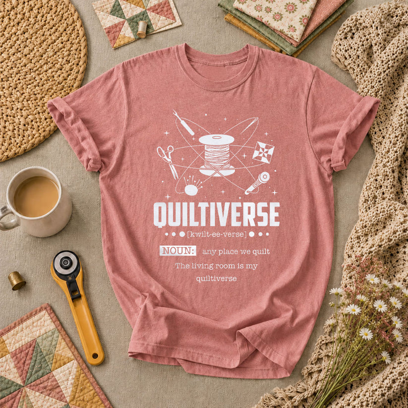 Quiltiverse Definition Thread Spool Atom T-Shirt - Heather Mauve