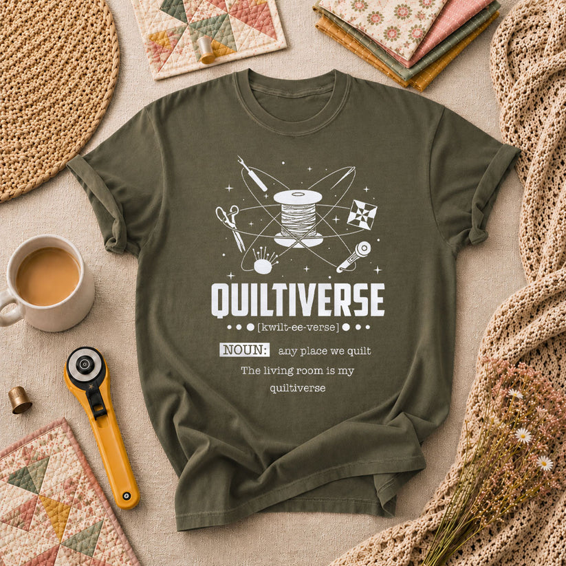 Quiltiverse Definition Thread Spool Atom T-Shirt - Military Green