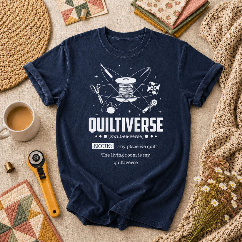 Quiltiverse Definition Thread Spool Atom T-Shirt - Navy