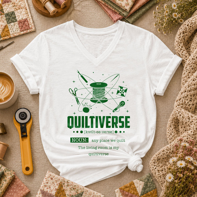 Quiltiverse Definition Thread Spool Atom Women's V-Neck - White