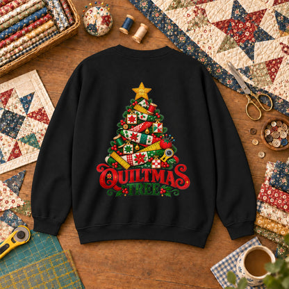Quiltmas Tree Patchwork Fabric Christmas Tree Sweatshirt - Black