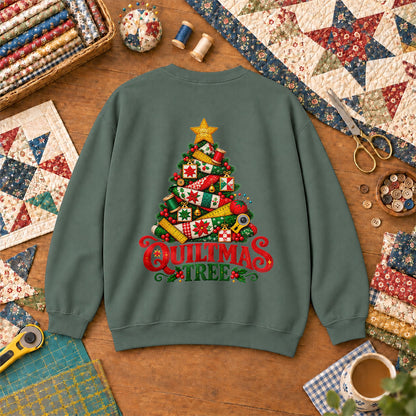 Quiltmas Tree Patchwork Fabric Christmas Tree Sweatshirt - Forest Green