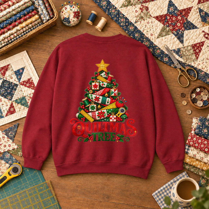 Quiltmas Tree Patchwork Fabric Christmas Tree Sweatshirt - Garnet