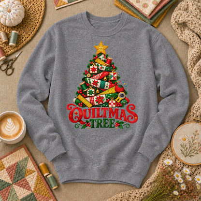 Quiltmas Tree Patchwork Fabric Christmas Tree Sweatshirt - Graphite Heather