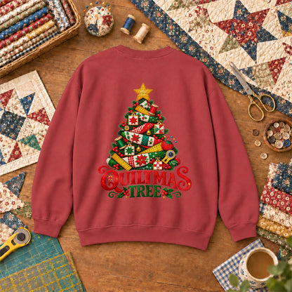 Quiltmas Tree Patchwork Fabric Christmas Tree Sweatshirt - Heather Red