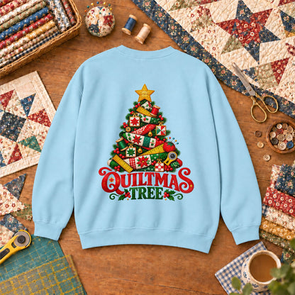 Quiltmas Tree Patchwork Fabric Christmas Tree Sweatshirt - Light Blue