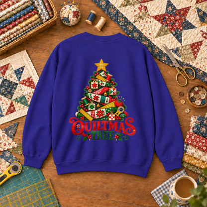 Quiltmas Tree Patchwork Fabric Christmas Tree Sweatshirt - Royal