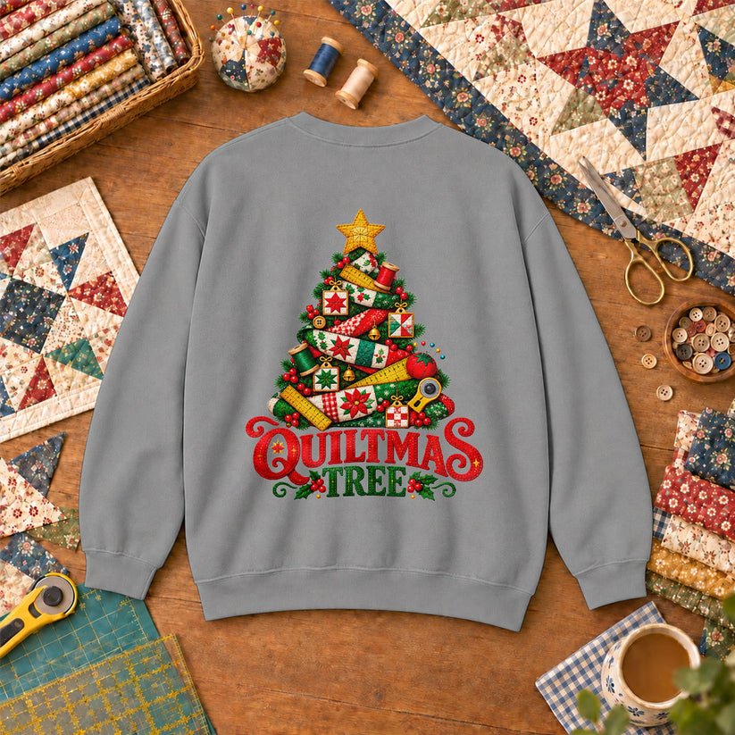 Quiltmas Tree Patchwork Fabric Christmas Tree Sweatshirt - Sport Grey
