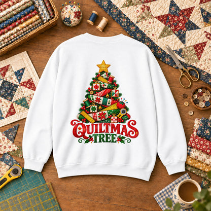 Quiltmas Tree Patchwork Fabric Christmas Tree Sweatshirt - White