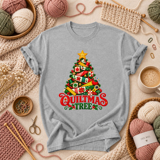 Quiltmas Tree Patchwork Fabric Christmas Tree T-Shirt - Athletic Heather