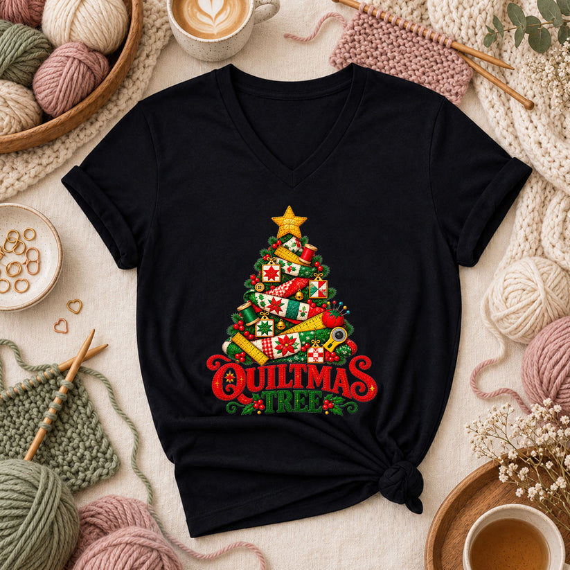 Quiltmas Tree Patchwork Fabric Christmas Tree Women's V-Neck - Black