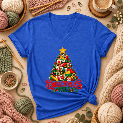 Quiltmas Tree Patchwork Fabric Christmas Tree Women's V-Neck - Heather True Royal