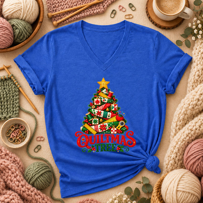 Quiltmas Tree Patchwork Fabric Christmas Tree Women's V-Neck - Heather True Royal