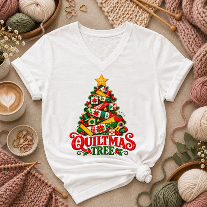 Quiltmas Tree Patchwork Fabric Christmas Tree Women's V-Neck - White