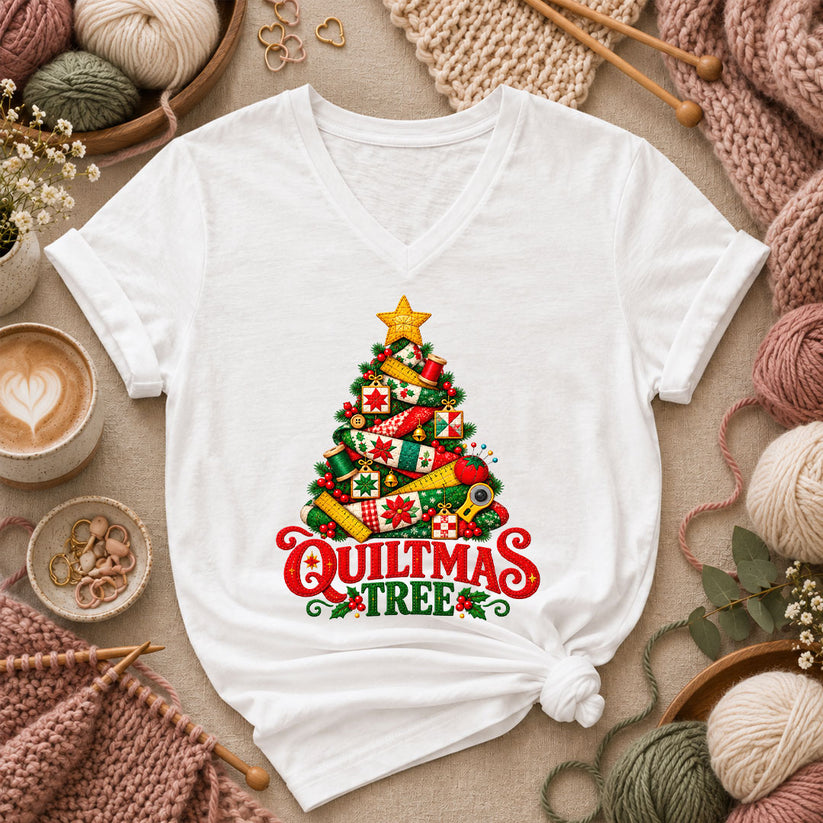 Quiltmas Tree Patchwork Fabric Christmas Tree Women's V-Neck - White