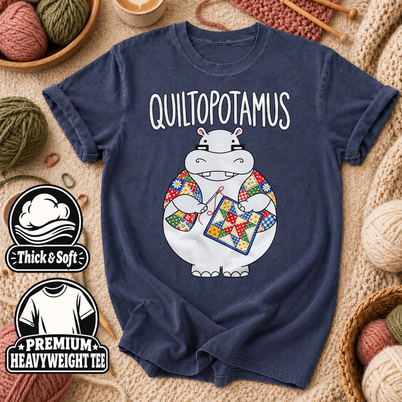 Quiltopotamus Hippo T-Shirt - Heather Navy